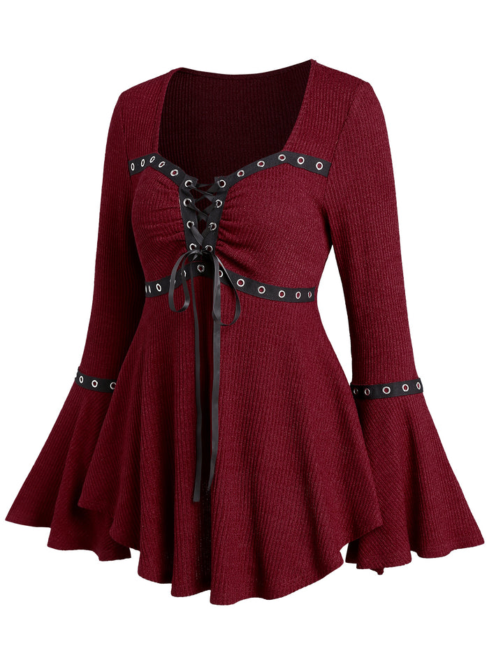 Gothic Lace Up Flare Sleeve Grommet Design Casual Top