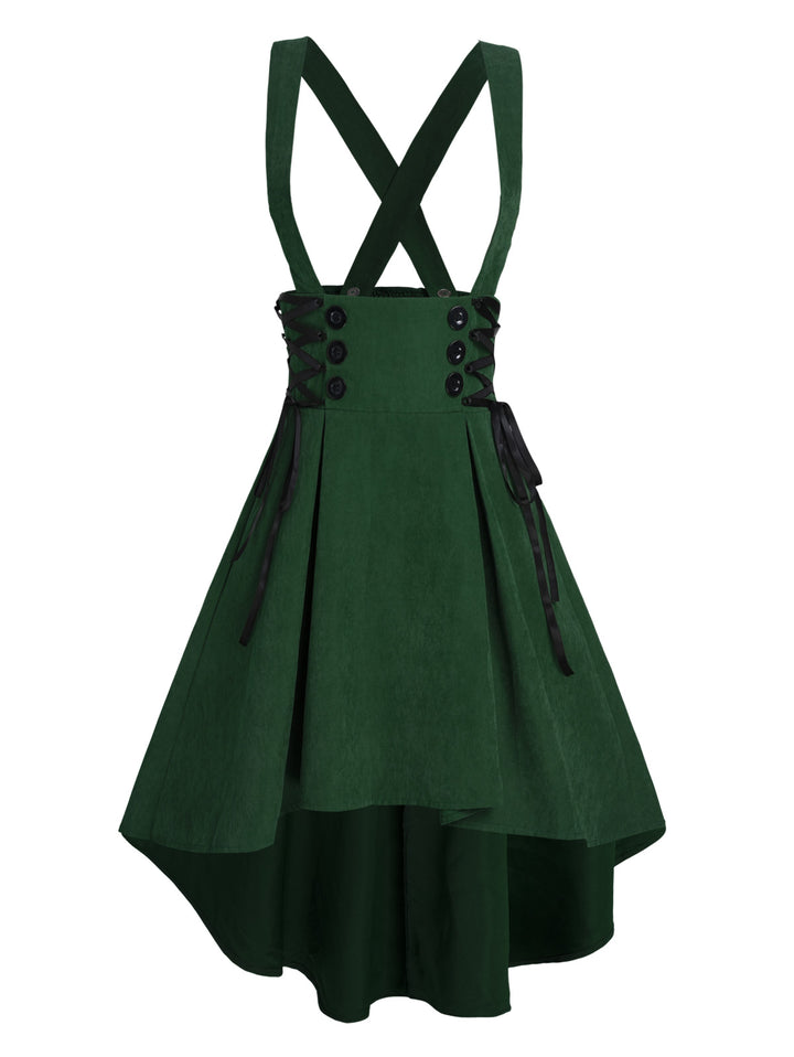 Mock Button Lace-up Suspender High Low Skirt