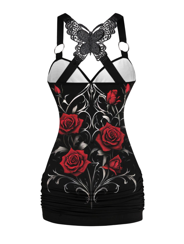 Gothic Butterfly Lace Ruched Surplice Tank Top - Red Rose Pattern