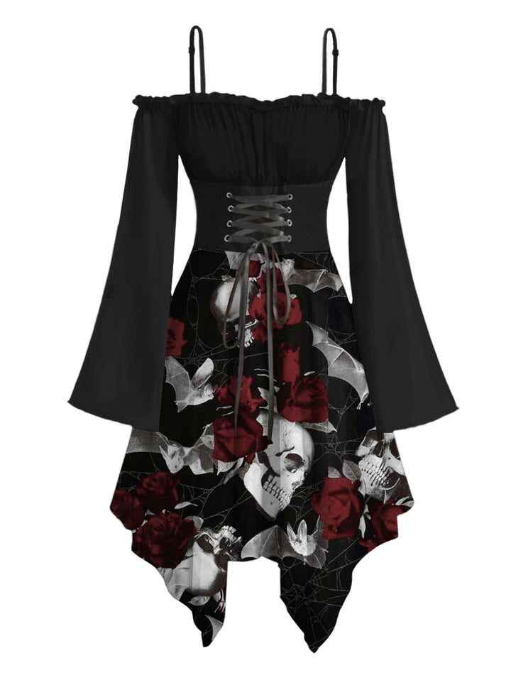 Gothic Red Rose &Skull Print Lace Up Ruffle Off the Shoulder Asymmetrical Hem Midi Dress