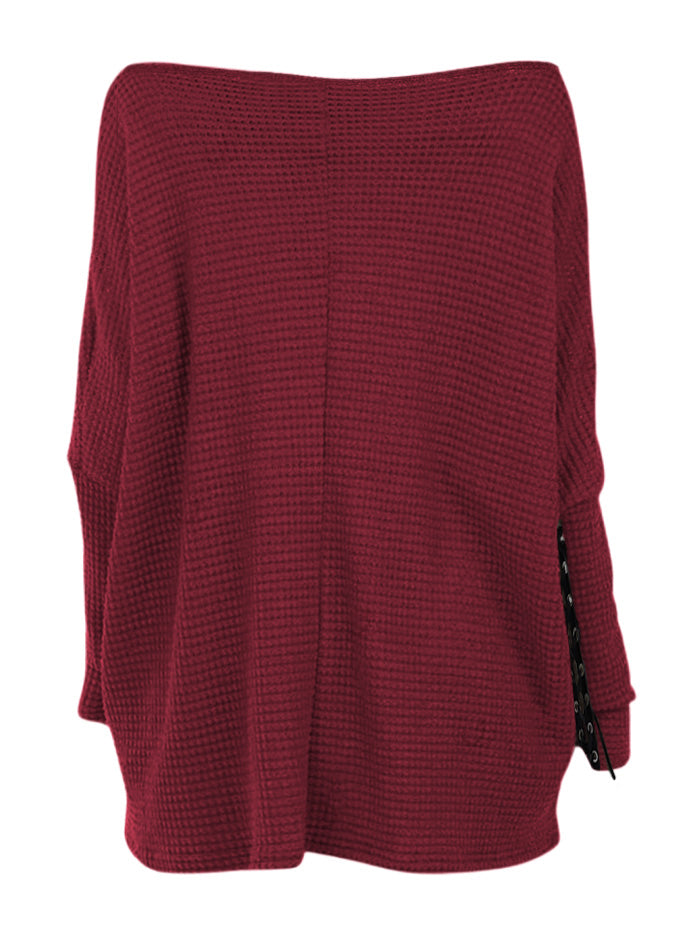 Gothic Solid Color Textured Skew Neck Long Sleeve Top-Red