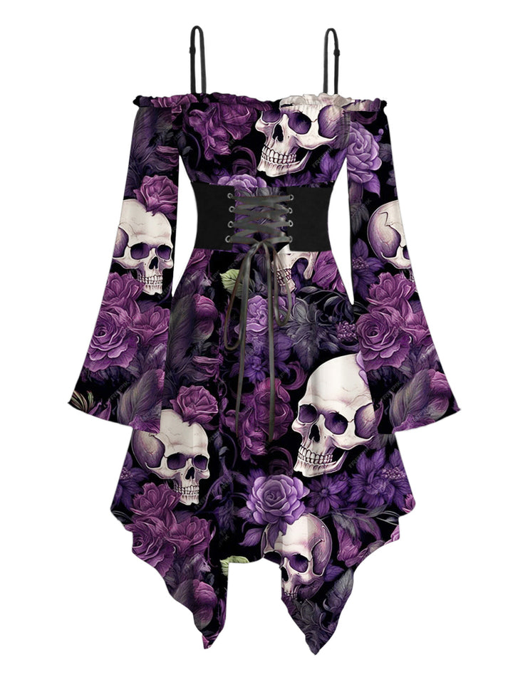 Gothic Purple Rose Skulls Lace Up Ruffle Off the Shoulder Asymmetrical Hem Midi Dress