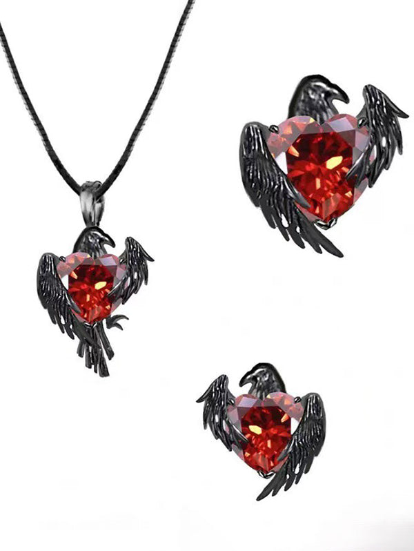 Gothic Raven Wings Artificial Heart Gem Necklace &Earrings Set