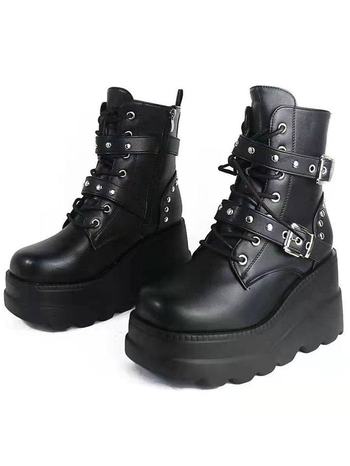 Gothic Chain Detail Chunky Sole Fashionable Double Buckle Straps Zipper Boots