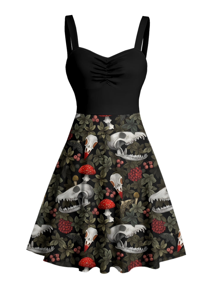 Skull Mushroom Print Ruched Bust Sweetheart Neck A Line Mini Dress