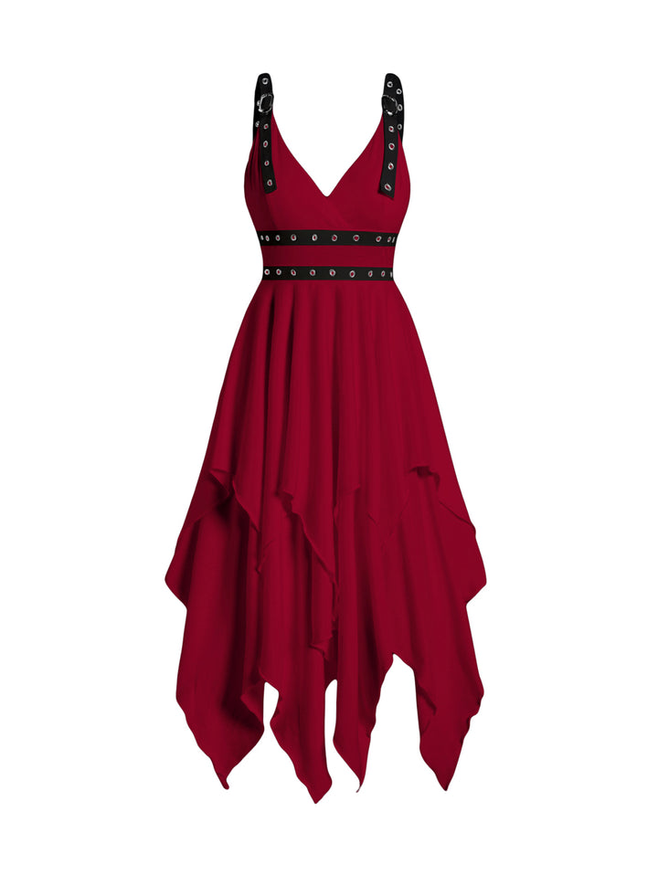 Red Layered Grommet Empire Waist Adjustable Strap Asymmetrical Midi Dress