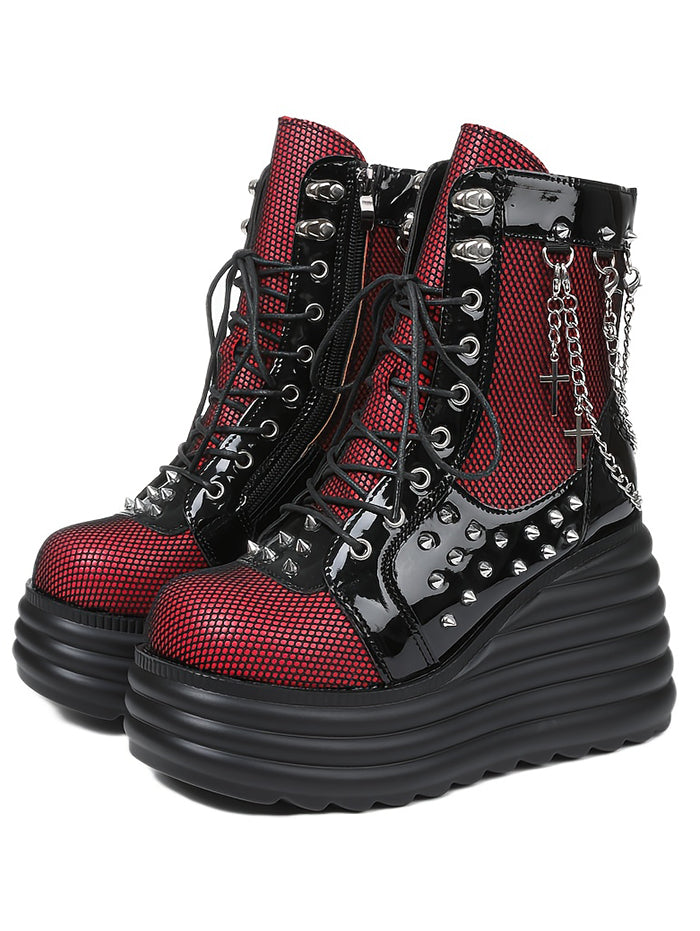 Gothic Lace Up Side Zipper Colorblock Rivet Chain Embellishment Martin Boots
