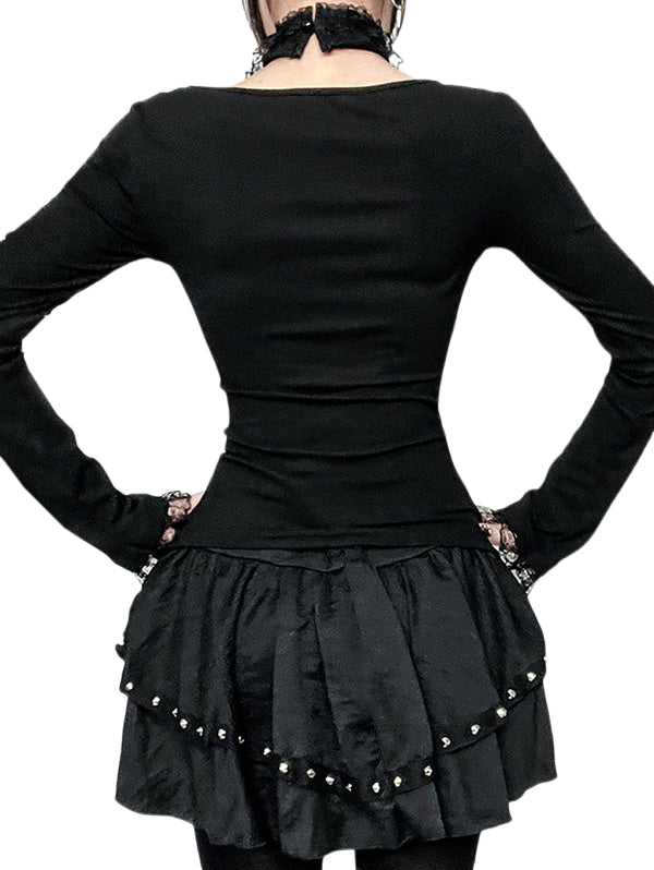 Gothic Lace Trim Tie-Front Long Sleeve Top