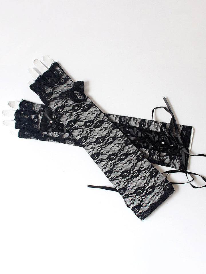 Gothic Forearm Gloves Lace Up Lace Panel Fingerless Gloves