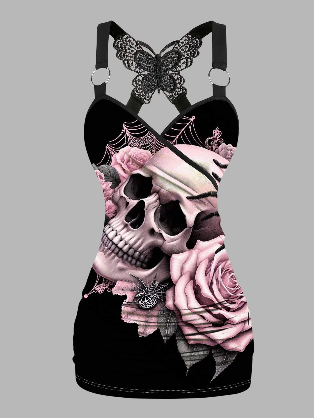 Gothic Butterfly Lace Ruched Surplice Tank Top - Rose& Skulls Pattern