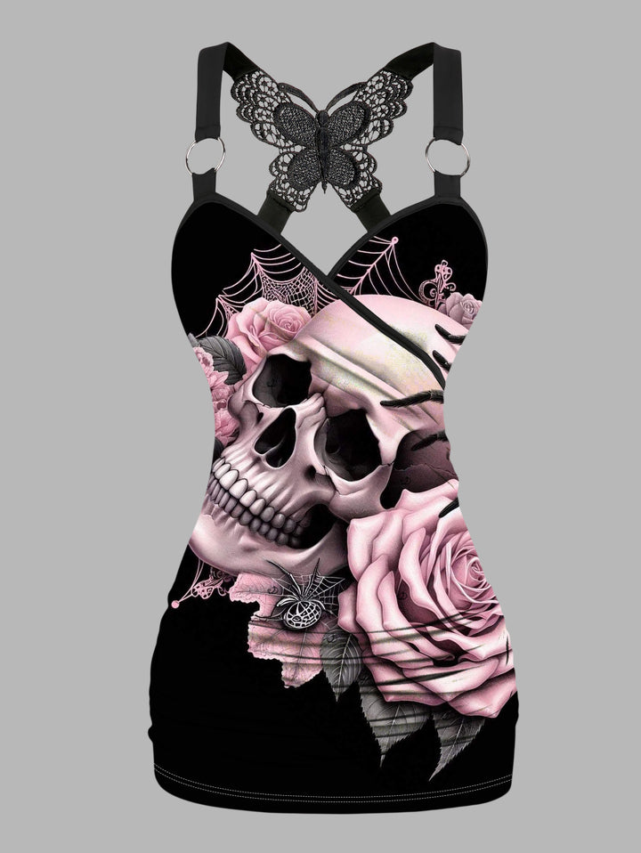 Gothic Butterfly Lace Ruched Surplice Tank Top - Rose& Skulls Pattern