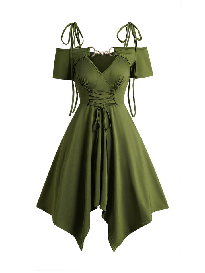 Lace Up High Waist Asymmetric Spaghetti Strap A Line Dress-Green