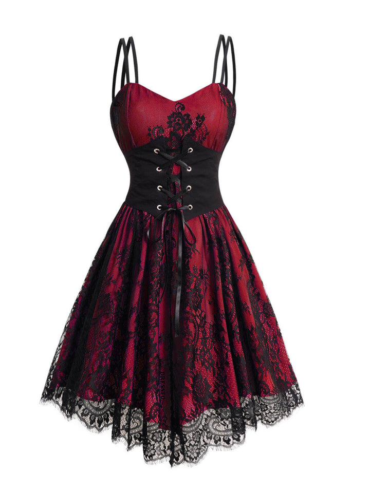 Allover Flower Print Lace Mesh with Corset Belt Double Spaghetti Strap Cami Dress-Red