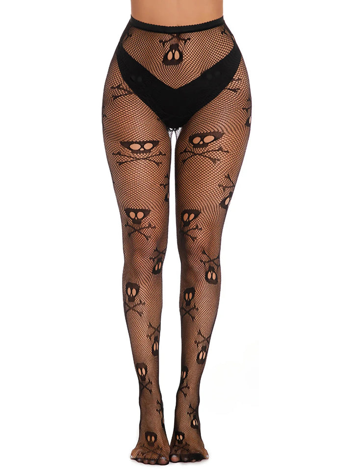 Gothic Skulls Hollow Out Fishnet Stockings High Waisted Skinny Pantyhose