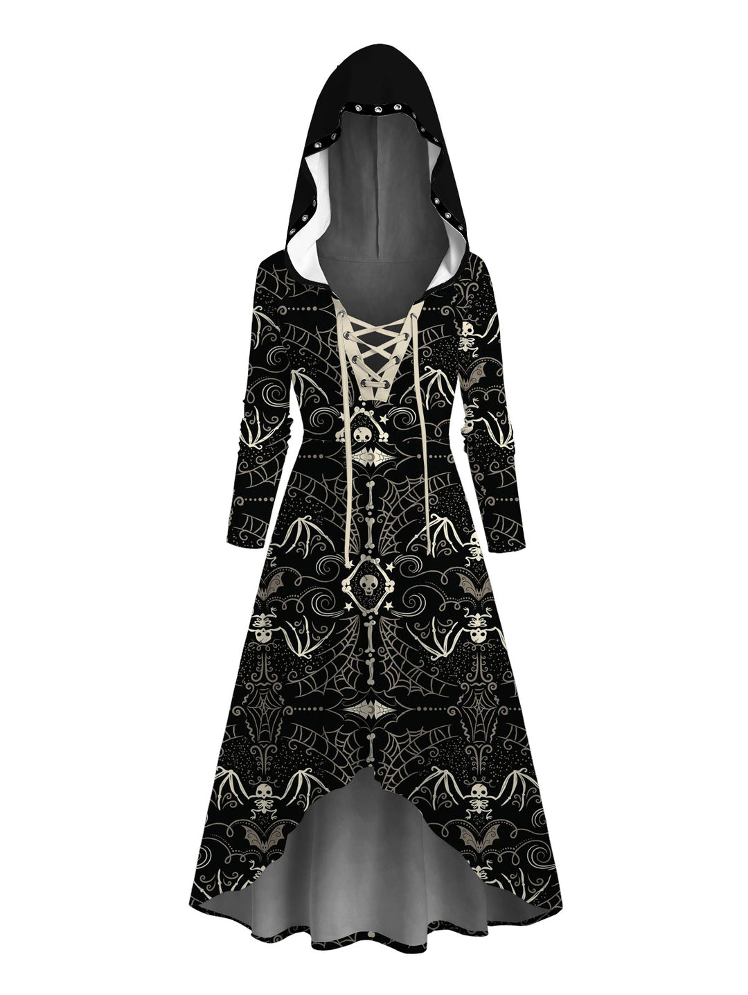Gothic Bat & Skull Print Lace Up High Low Hoodie Dress
