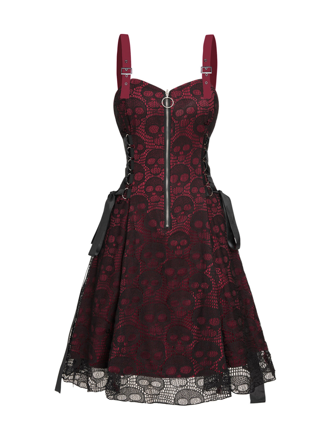 Gothic Rose&Skull Print Lace Half Zipper Buckle Strap A Line Mini Dress