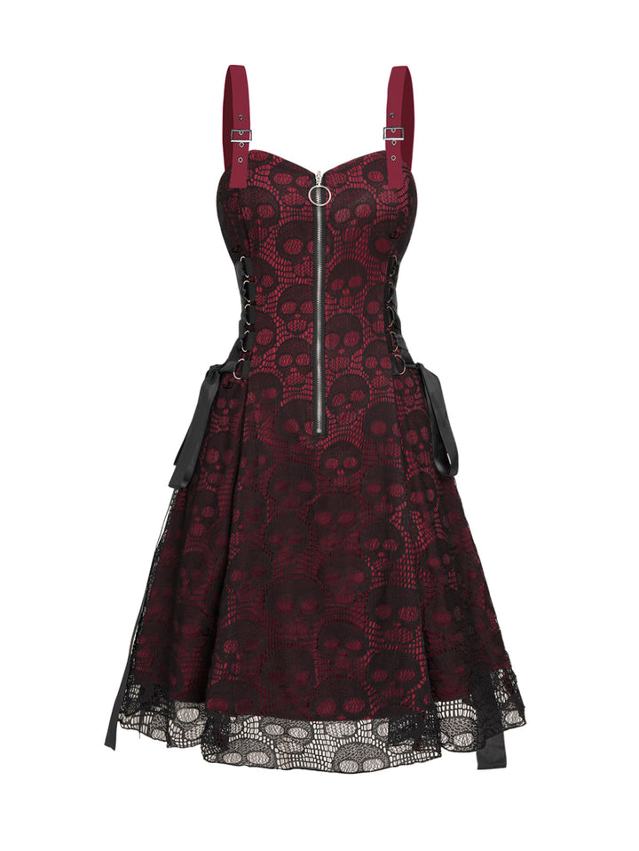 Gothic Rose&Skull Print Lace Half Zipper Buckle Strap A Line Mini Dress