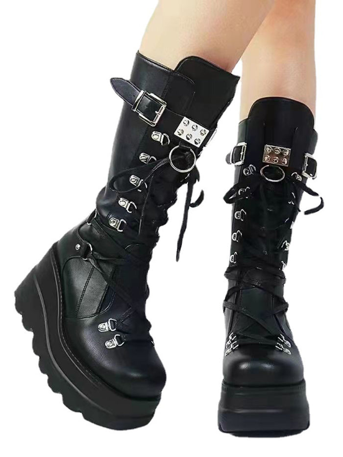 Punk Style Black Lace Up Rivet Martin Boots-Buckle Strap& Back Zipper &Thick Platform