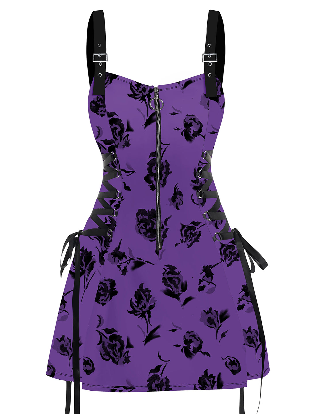 Gothic Flower Leaf Print Lace Up Half Zipper  Buckle Strap A Line Mini Dress