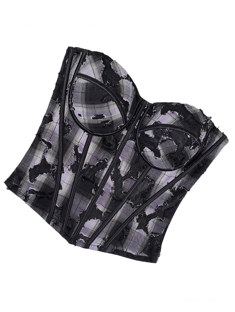 Black & Lavender Plaid Lace Patchwork Cami Corset Top - Retro Y2K Slim-Fit Bustier