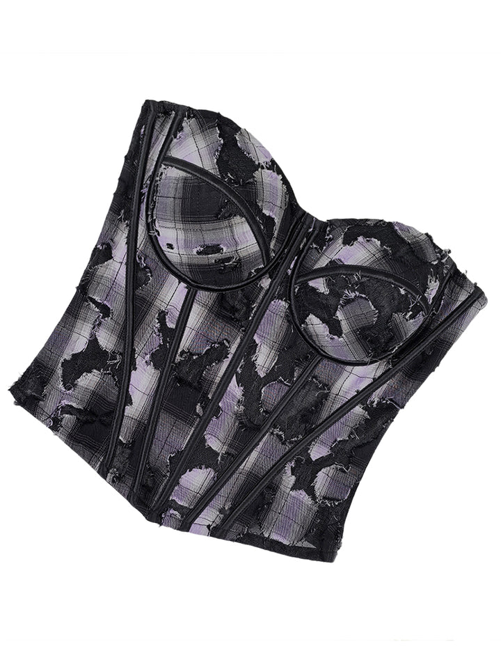 Black & Lavender Plaid Lace Patchwork Cami Corset Top - Retro Y2K Slim-Fit Bustier