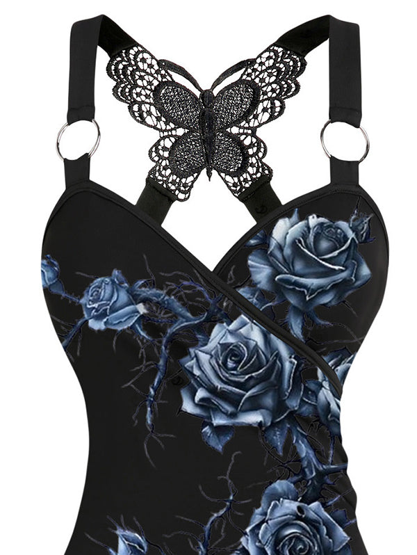 Gothic Butterfly Lace Ruched Surplice Tank Top - Blue Rose Pattern