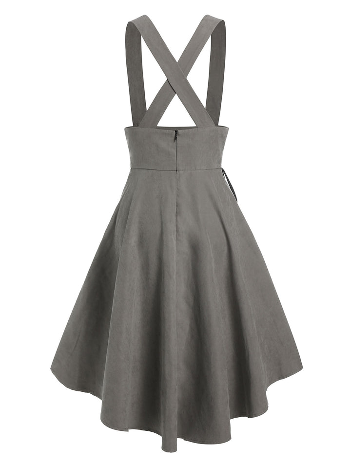 Mock Button Lace-up Suspender High Low Skirt