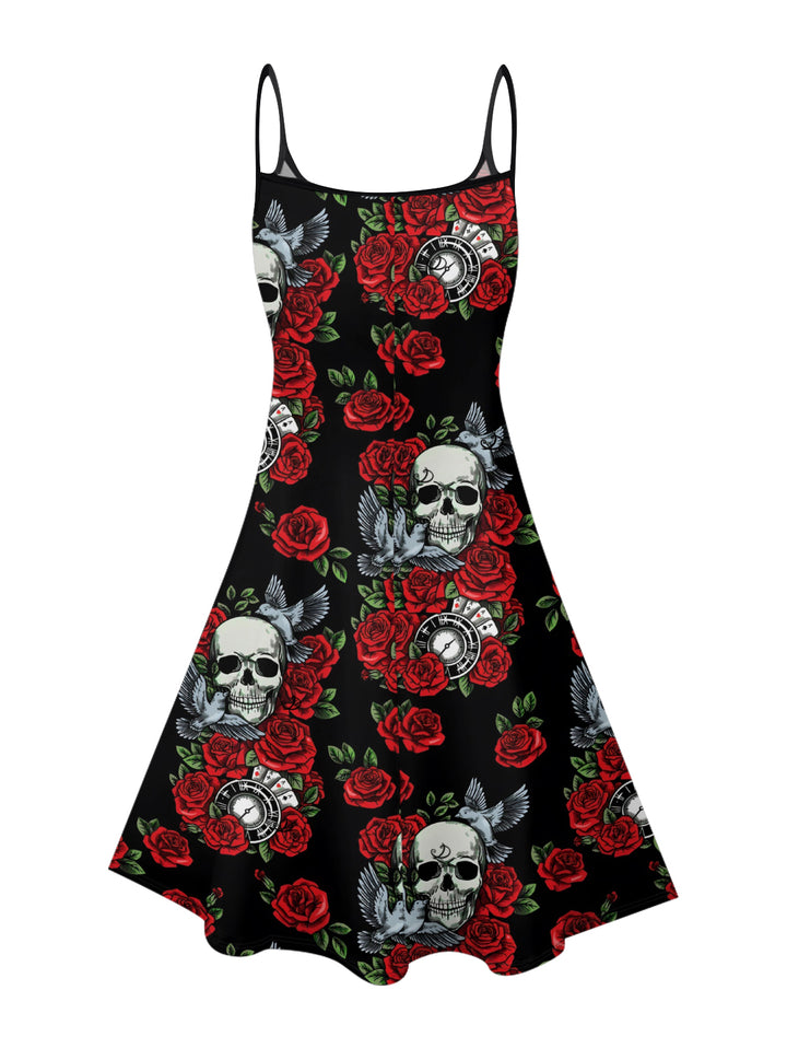 Gothic Rose Leaf Retro Skulls Print Dress Spaghetti Strap Mini Dress