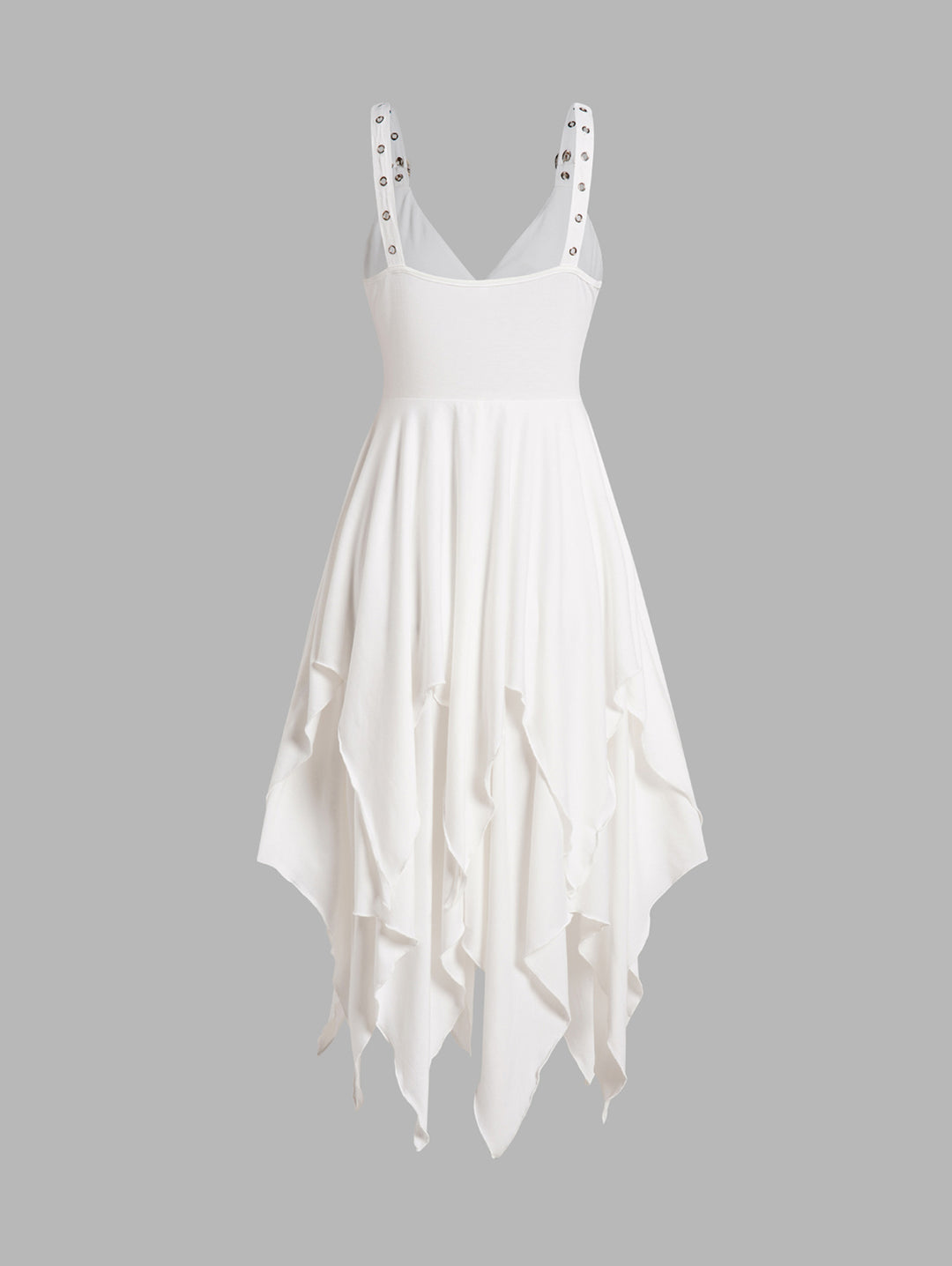 White Layered Grommet Empire Waist Adjustable Strap Asymmetrical Midi Dress