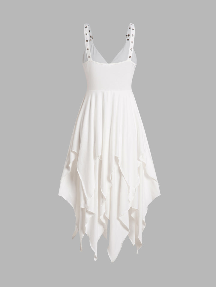 White Layered Grommet Empire Waist Adjustable Strap Asymmetrical Midi Dress