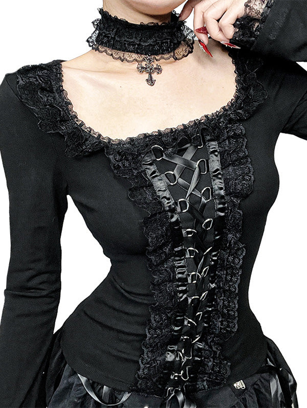 Gothic Lace Trim Tie-Front Long Sleeve Top