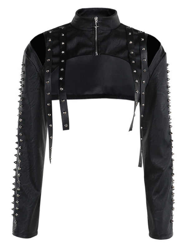 Punk Style Sexy Studded PU Long Sleeve Grommet Cover Top