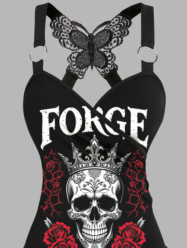 Gothic Butterfly Lace Ruched Surplice Tank Top - Force Death to Delay