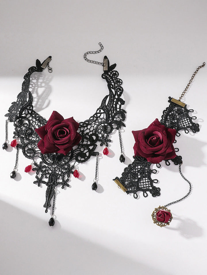 Gothic Rose Choker and Bracelet with Ring Vintage Accessories Set