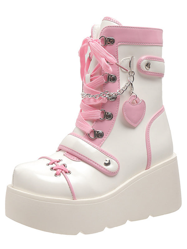Punk Style Colorblock Heart Chain Embellishment Side Zipper Thick Platform Boots