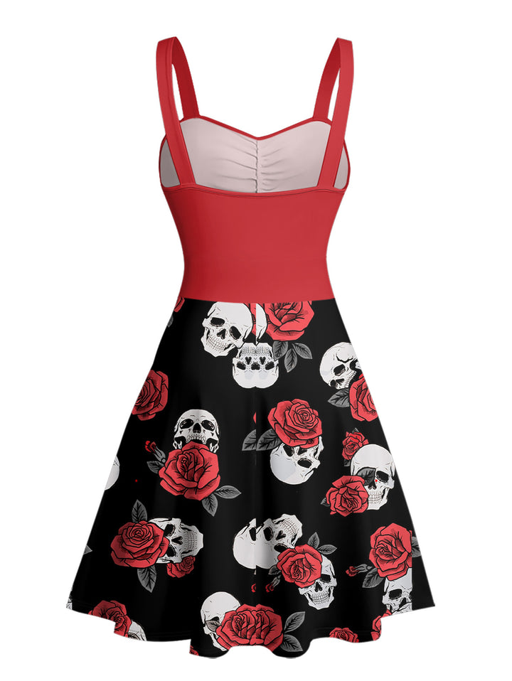 Gothic Skulls Print Ruched Bust Sweetheart Neck A Line Mini Dress