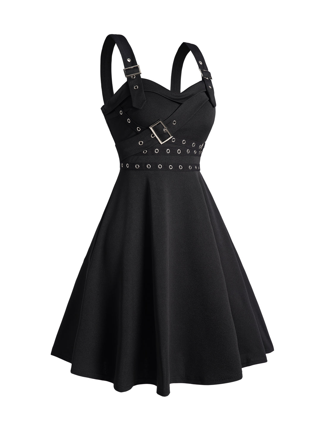 Grommet Buckle Strap Punk Dress Plain Color Sleeveless A Line Mini Dress