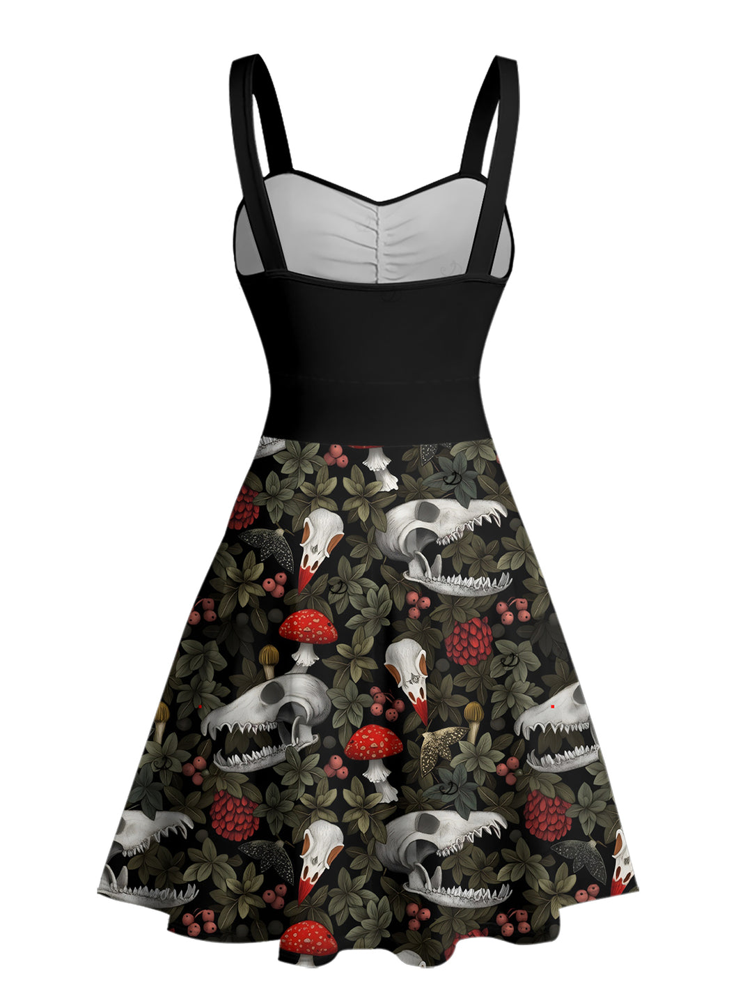 Skull Mushroom Print Ruched Bust Sweetheart Neck A Line Mini Dress