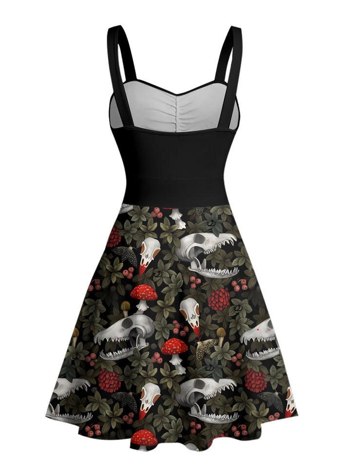 Skull Mushroom Print Ruched Bust Sweetheart Neck A Line Mini Dress