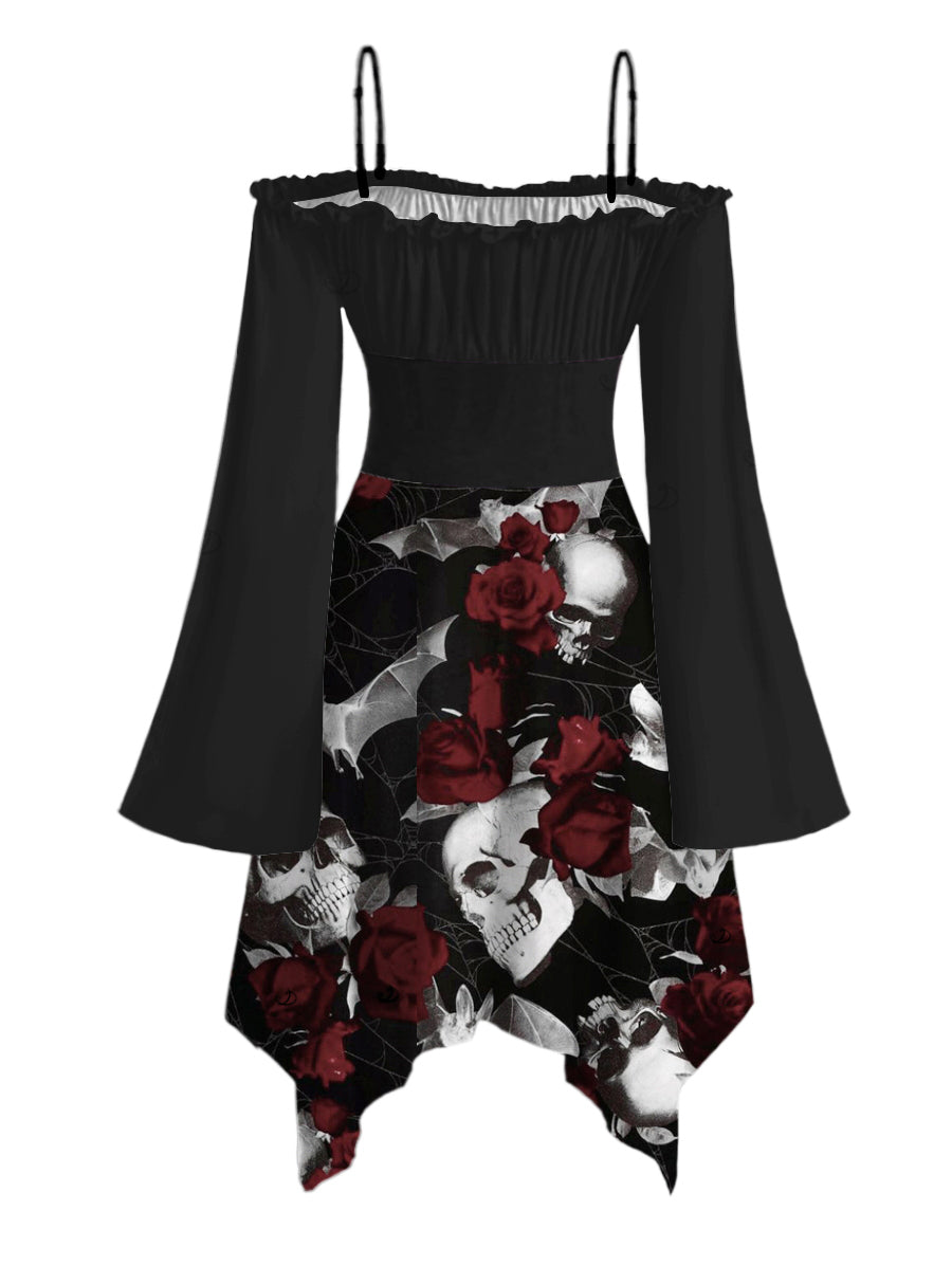 Gothic Red Rose &Skull Print Lace Up Ruffle Off the Shoulder Asymmetrical Hem Midi Dress