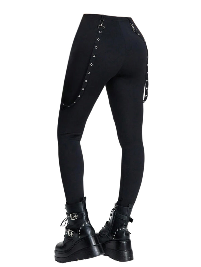Hollow Out Solid Color Gothic Pants Grommet Chain High Waisted Long Skinny Pants