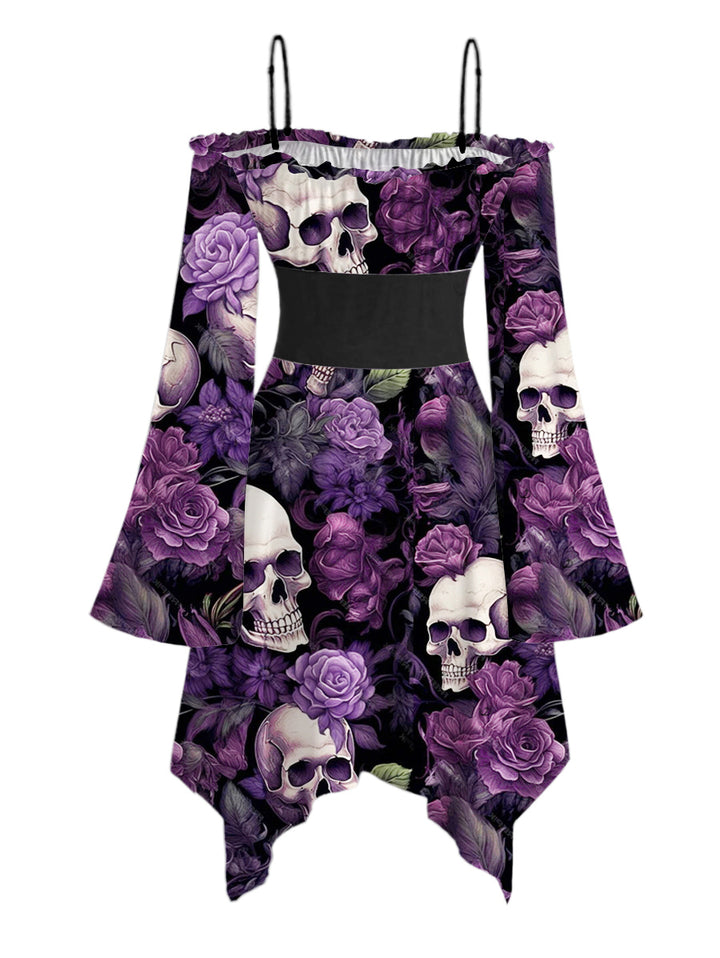 Gothic Purple Rose Skulls Lace Up Ruffle Off the Shoulder Asymmetrical Hem Midi Dress