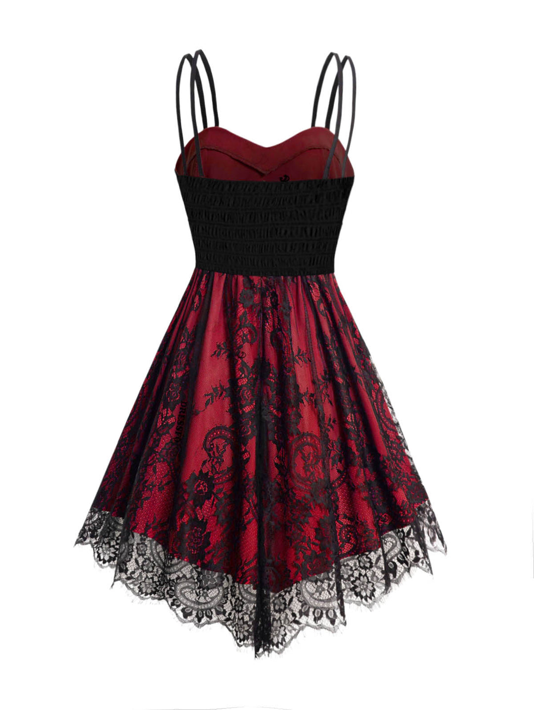 Allover Flower Print Lace Mesh with Corset Belt Double Spaghetti Strap Cami Dress-Red