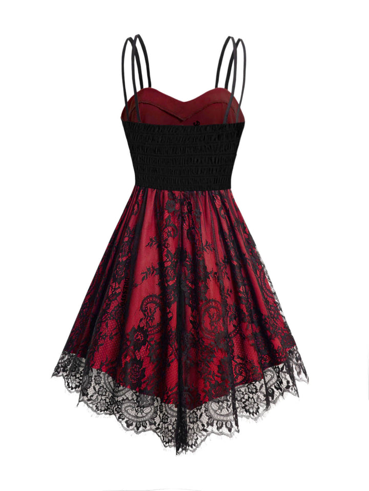 Allover Flower Print Lace Mesh with Corset Belt Double Spaghetti Strap Cami Dress-Red