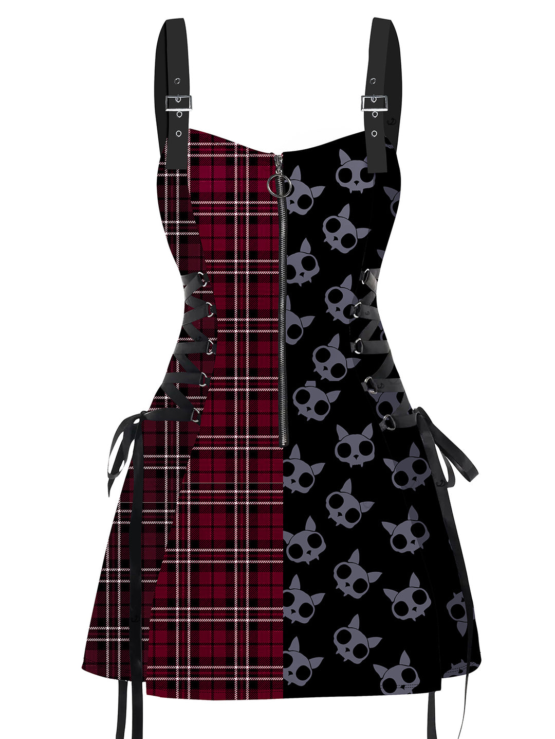 Gothic Plaid & Cat Skulls Print  Dress Lace Up Buckle Strap Mini Dress for Halloween-Red