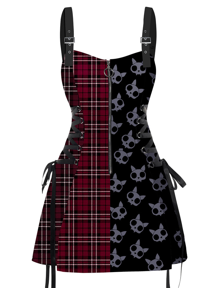 Gothic Plaid & Cat Skulls Print  Dress Lace Up Buckle Strap Mini Dress for Halloween-Red