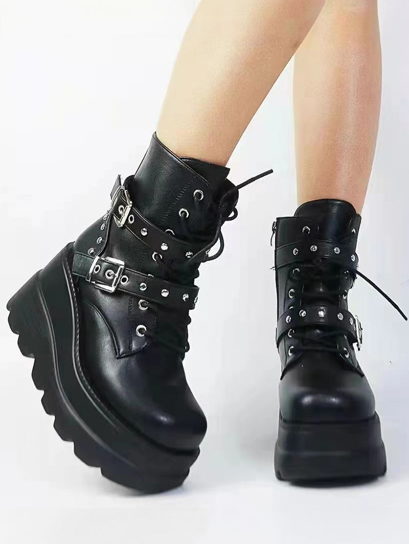 Gothic Chain Detail Chunky Sole Fashionable Double Buckle Straps Zipper Boots