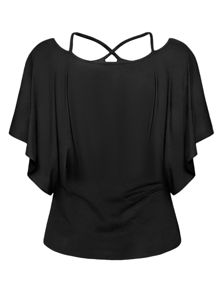 Gothic Rivet-Trimmed Grim & Heart Print Cross-Back Bat Sleeve T-Shirt