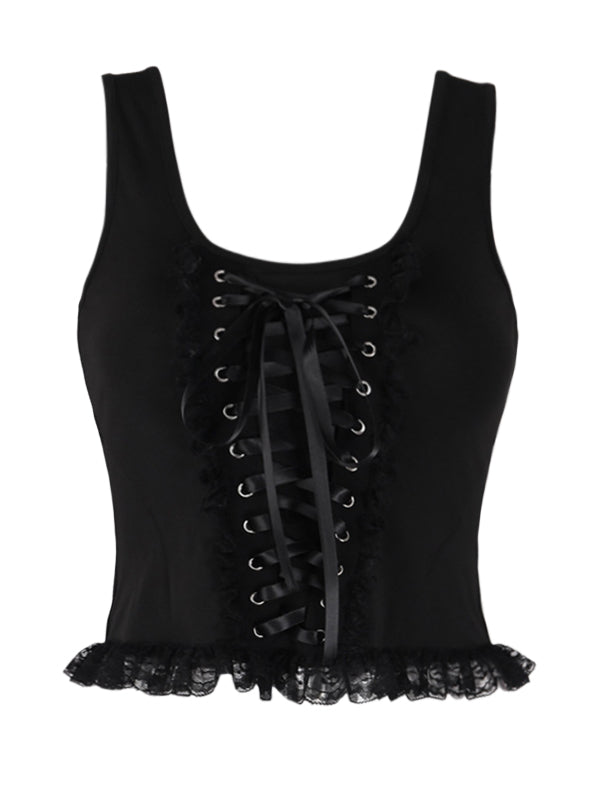 Knitted Lace Trim Square Neck Tie-Up Tank Top