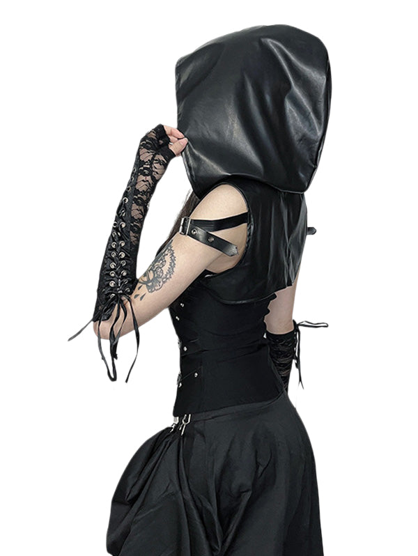 Punk Style Sexy Studded PU Grommet Sleeveless Hooded Top